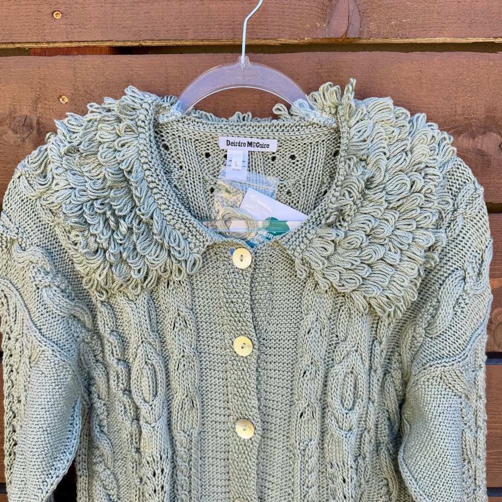 NWT Deirdre McGuire Ireland Hand Knit Fringe Collar Cardigan Sweater Sz L Sage - Picture 2 of 8